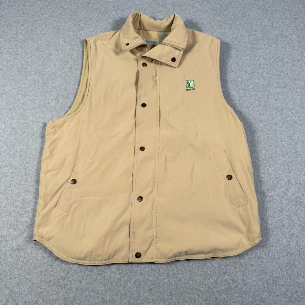 Nikken Mens Insulated Vest Tan Beige Full Zip Snap Front Ceramic Fiber Size L